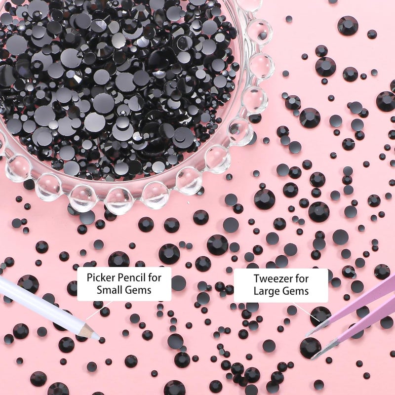 Uotey 16000 Pcs Black Resin Rhinestones for Crafting, Flatback Black Gems Jelly Rhinestones, Mixed Sizes Bedazzling Crystal with Pickup Tool for DIY Crafts Clothing Tumblers Mugs Shoes Fabric Nail Art - Image 3